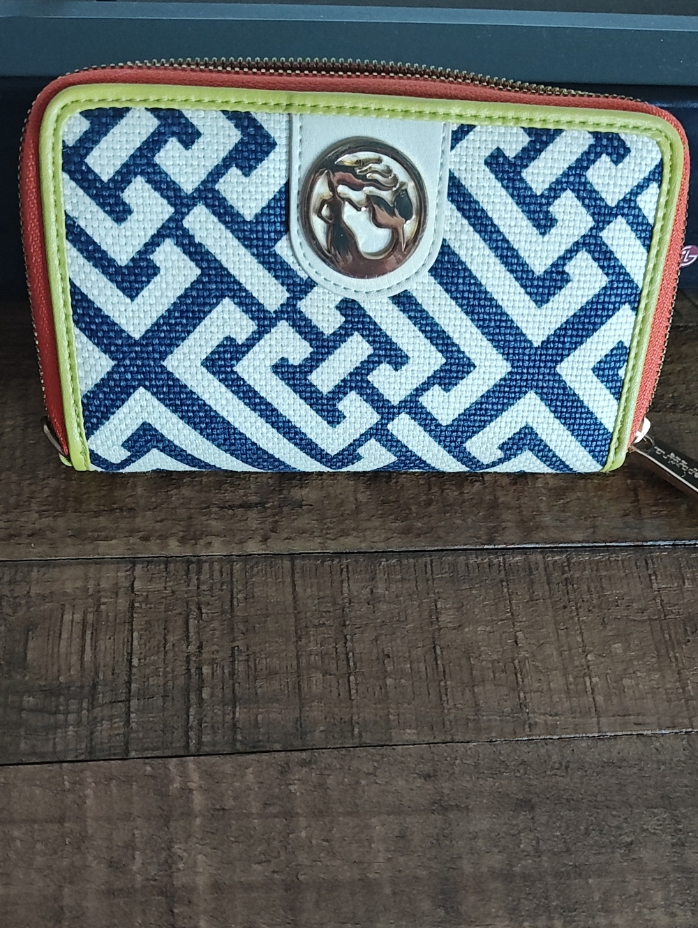 Spartina 449 Navy Pattern Zip Wallet with Coral and Yellow Trim
